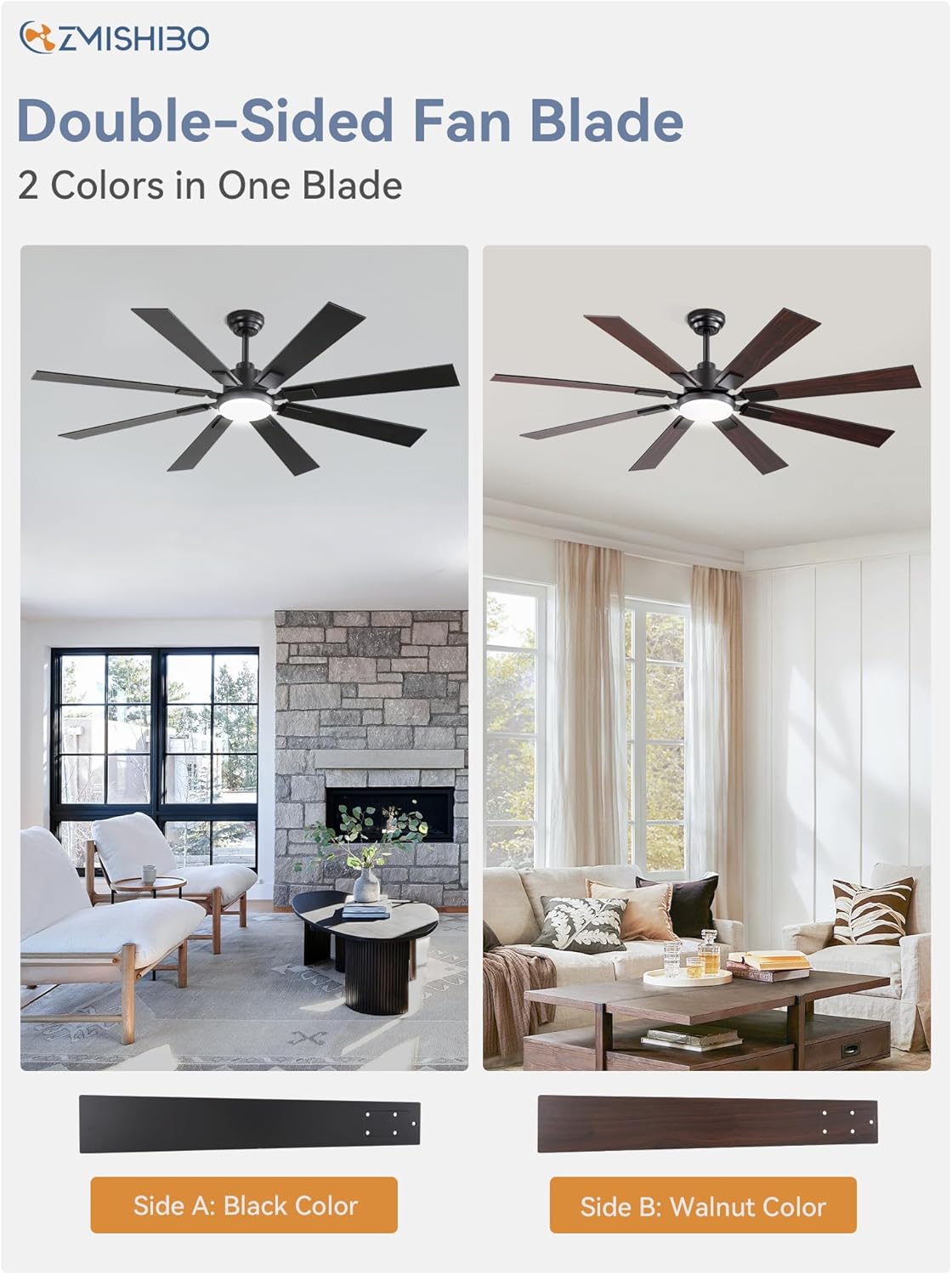 ZMISHIBO 72 inch Large Ceiling Fans with Lights and Remote, Indoor/Outdoor Black Modern Ceiling Fan for Kitchen Living Room Patio, 6 Speed Reversible Quiet DC Motor, 3 CCT, Dual Finish 8 Blades wourant