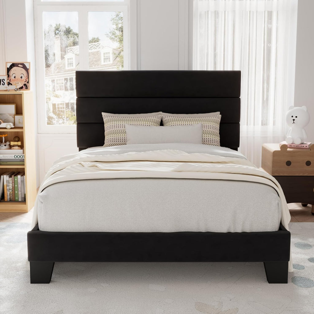 Allewie Queen Size Platform Bed Frame Fabric Upholstered Headboard Wooden Slats Support wourant