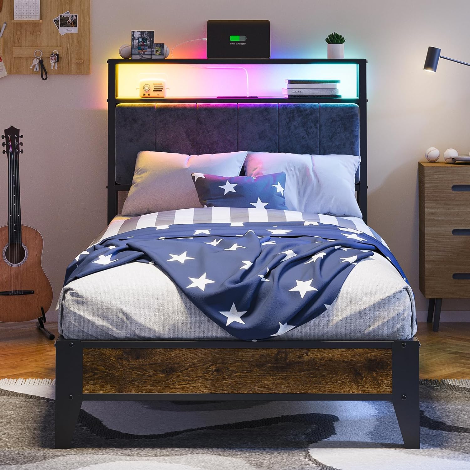 OLEVS Single Bed Frame LED Light Storage Headboard Charging Station Metal Platform Bed wourant