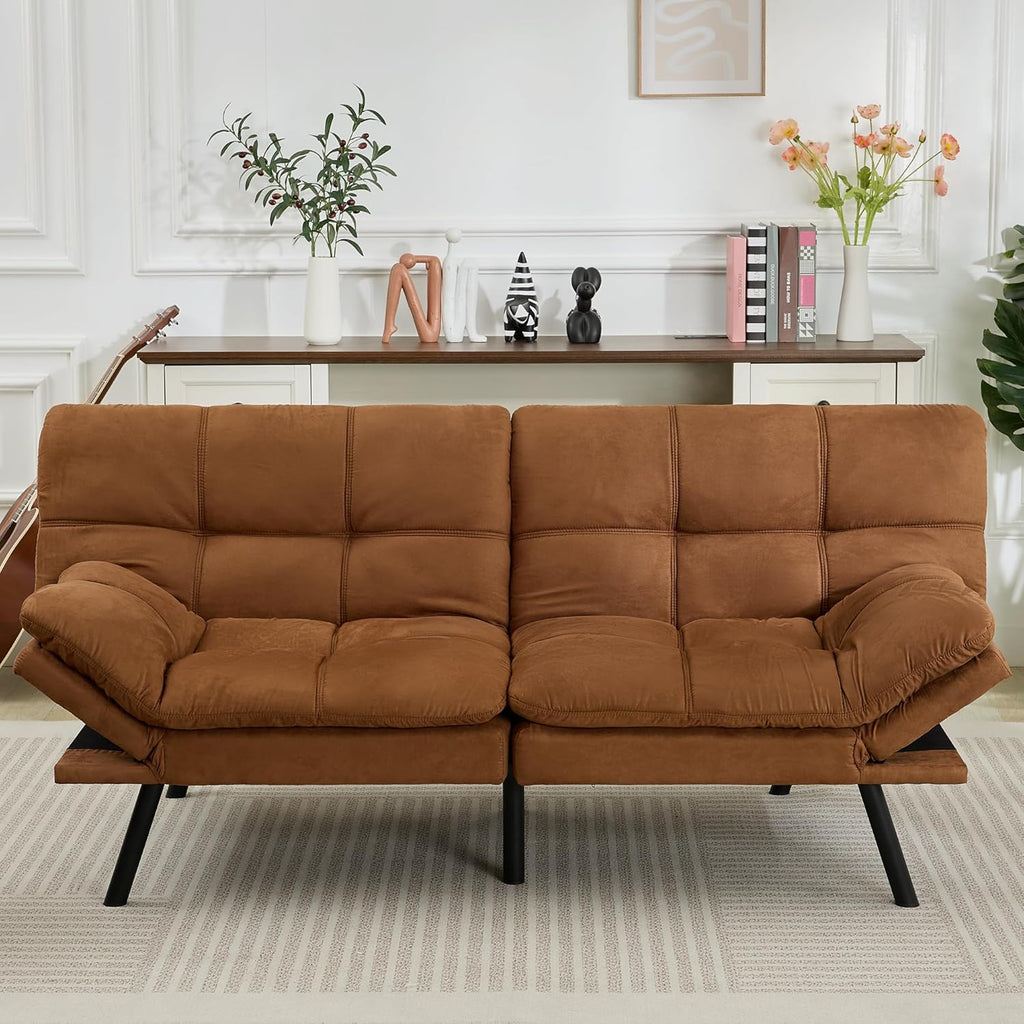 Amazon Basics Brown Loveseat,Convertible Couch Memory Foam Futon Sofa Bed Modern Sleeper Sofa for Small Compact Living Room,Office,Apartment, Linen Fabric wourant