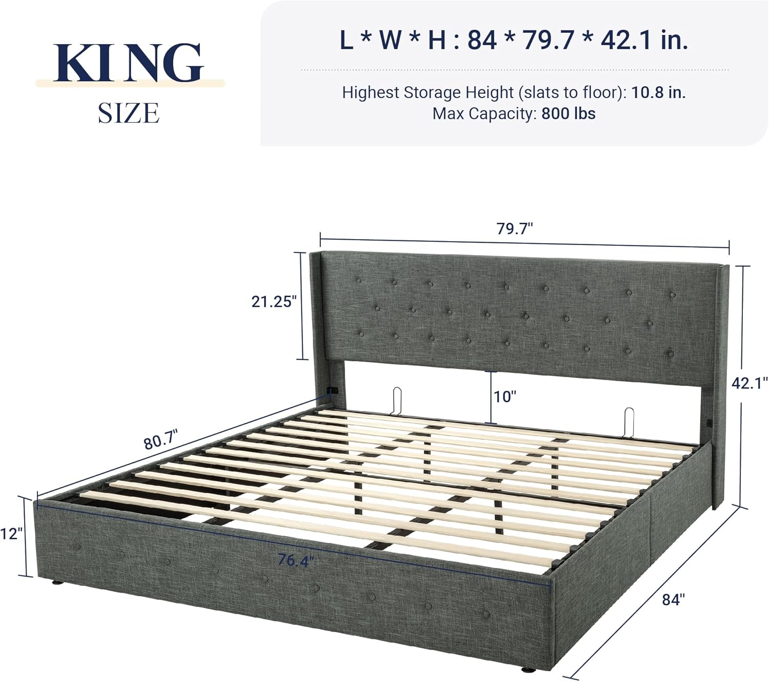 Allewie Queen Size Lift Up Storage Bed Modern Wingback Headboard Hydraulic Support wourant