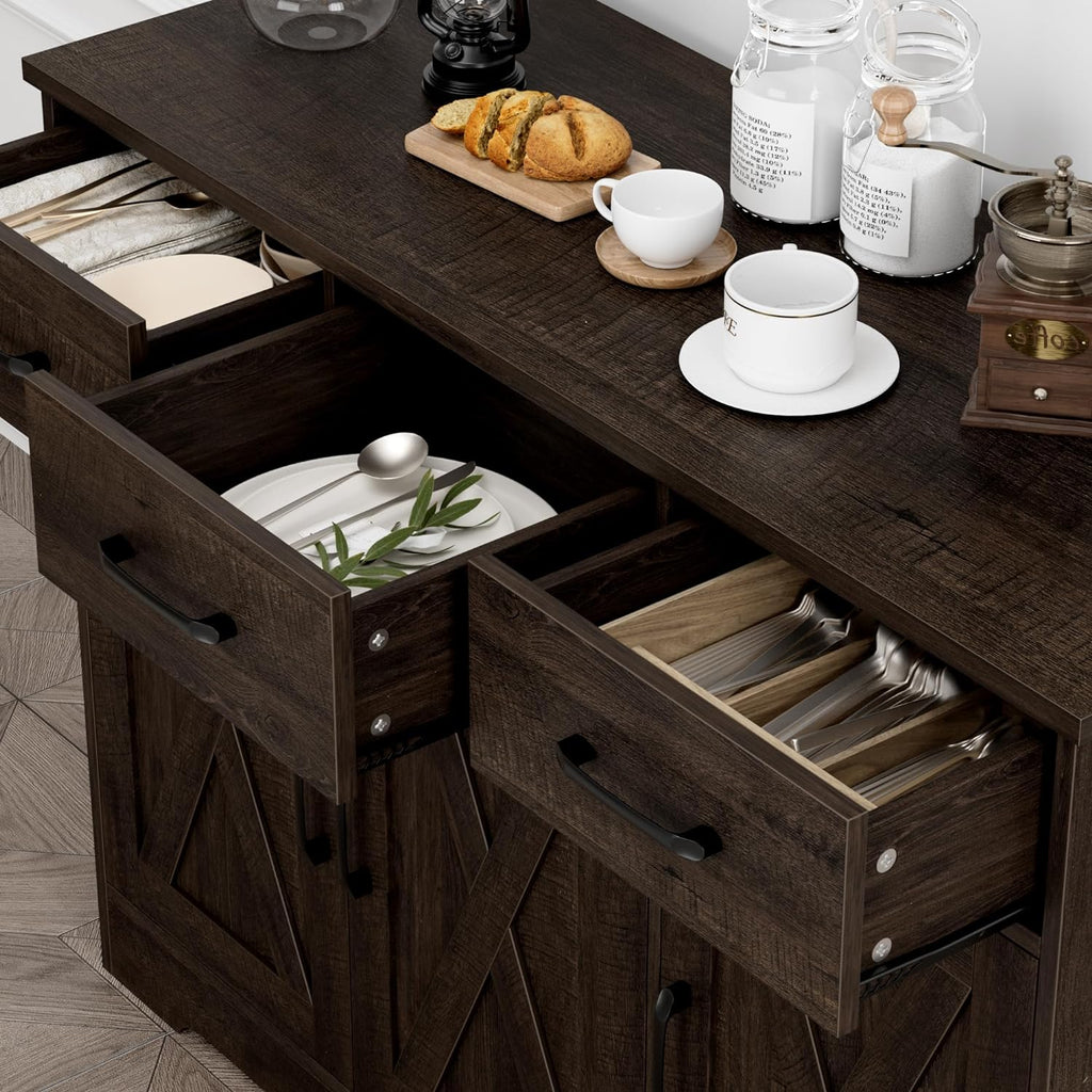 Modern farmhouse sideboard, barn door buffet storage cabinet with drawers and shelves, wooden coffee bar with storage wourant