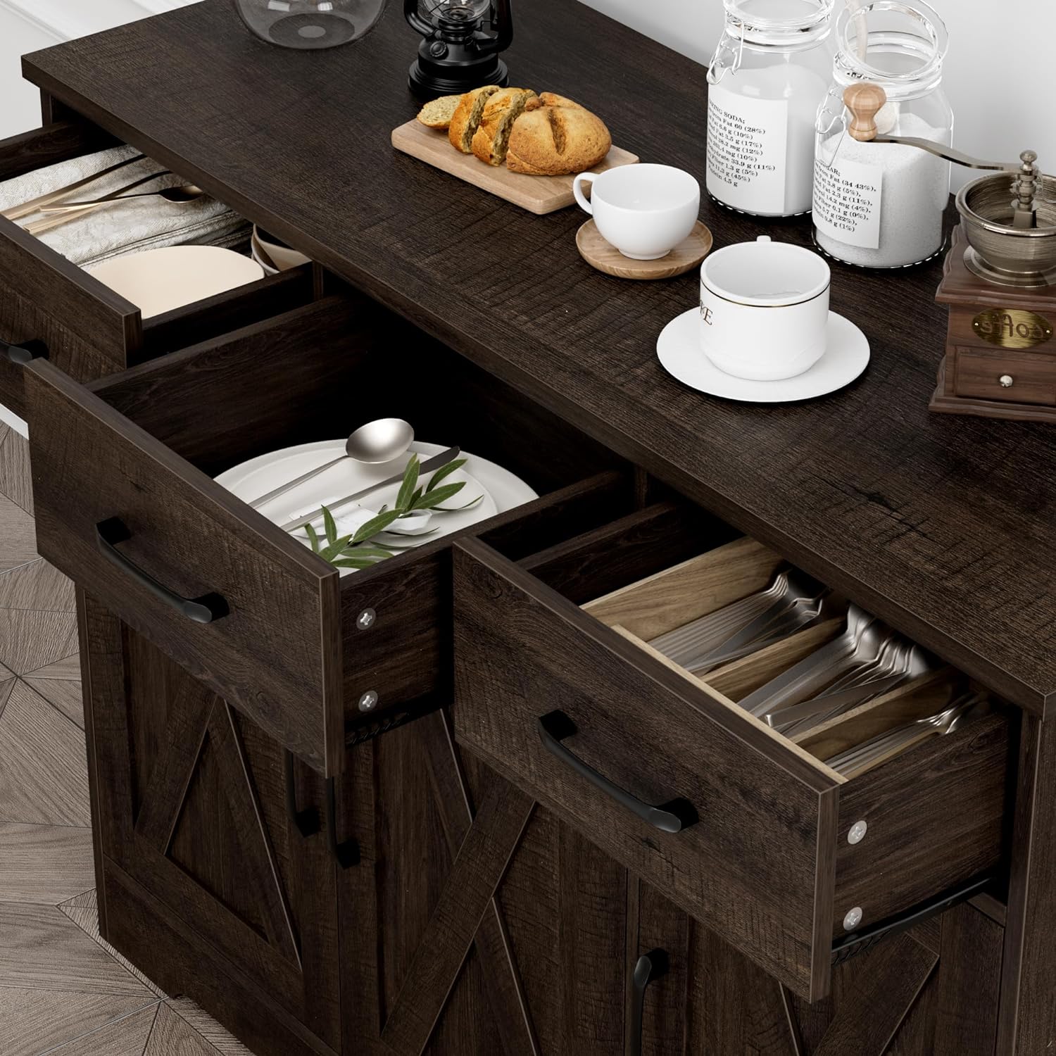 Modern farmhouse sideboard, barn door buffet storage cabinet with drawers and shelves, wooden coffee bar with storage wourant