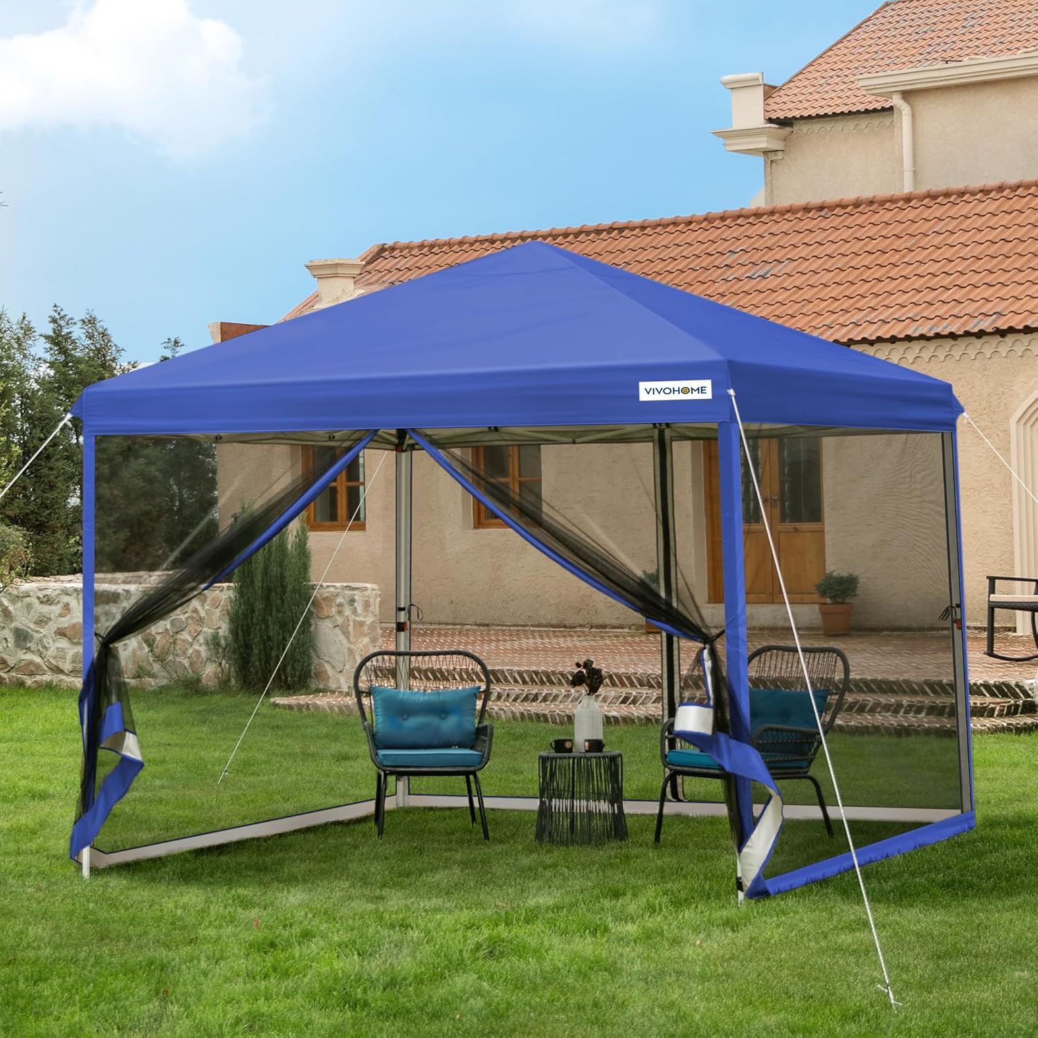 10x10ft Easy Pop-Up Canopy, Outdoor Screen Tent with Mosquito Netting, 2 Zipper Doors, and Roller Bag for Yard Camping Picnic Party Events, Beige wourant