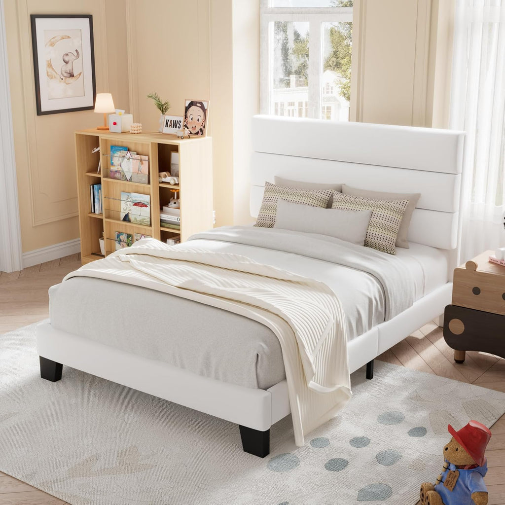 Allewie Queen Size Platform Bed Frame Fabric Upholstered Headboard Wooden Slats Support wourant
