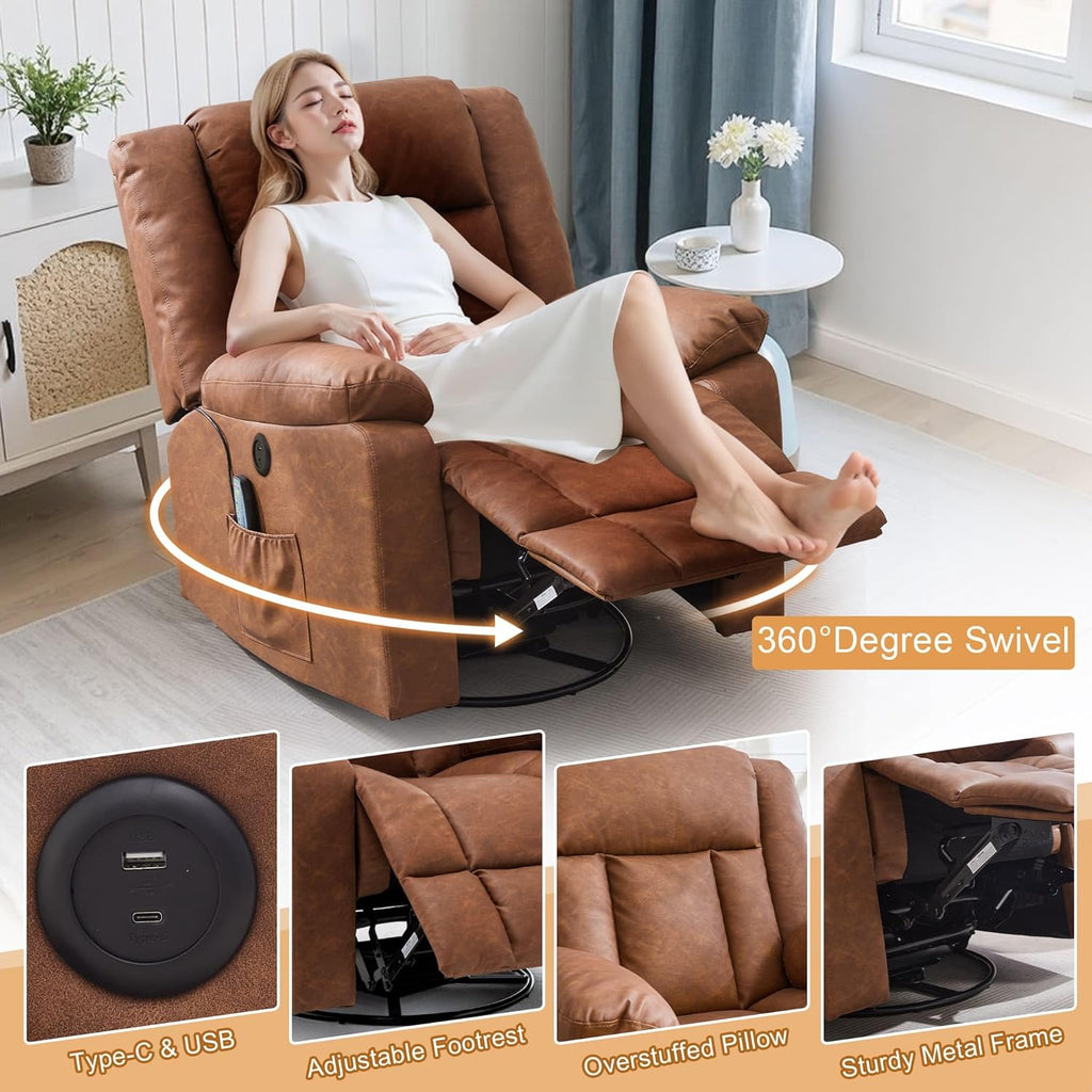 Adult rocking chair, gliding recliner, 360° rotating rocking chair with massage and heating function wourant