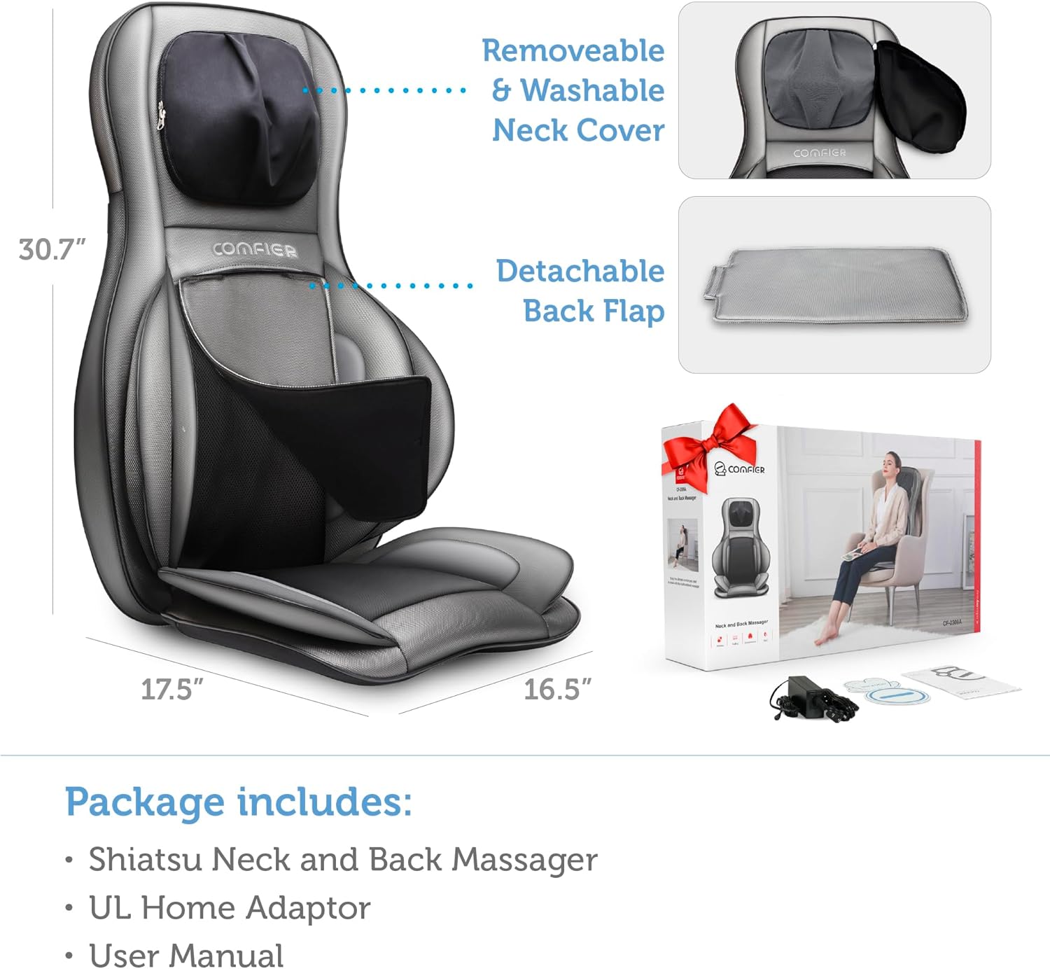 COMFIER Massager Chair with Heat Shiatsu Neck Back Massager Portable with Compress & Rolling Massage Chair Pad for Full Back Neck & Shoulders Full Body Pain wourant
