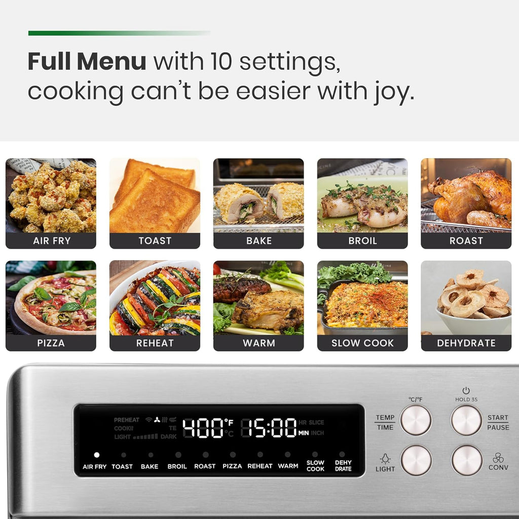 Infrared Heating Air Fryer Toaster Oven, Extra Large Countertop Convection Oven 10-in-1 Combo, 6-Slice Toast, Enamel Baking Pan Easy Clean with Recipe Book, Black Matte Stainless Steel wourant