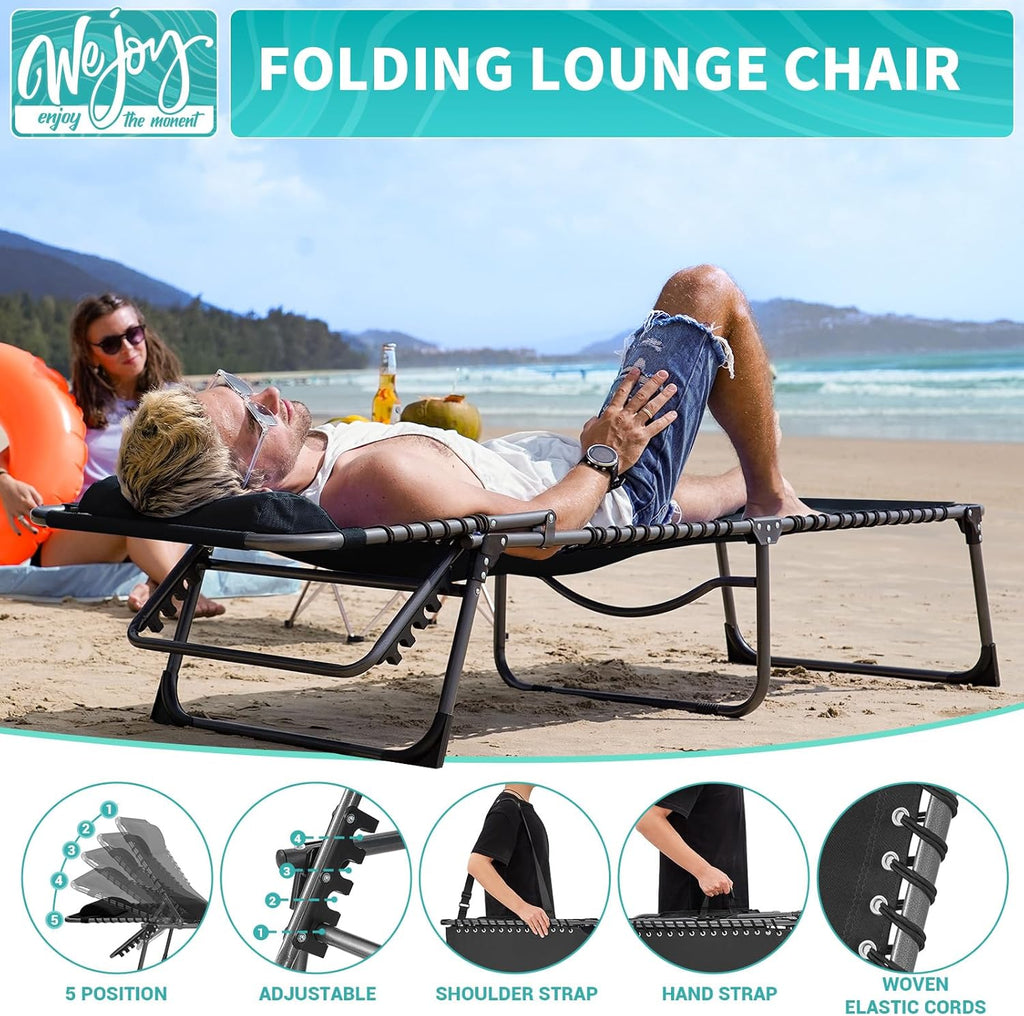 2 Pack Outdoor Chaise Lounge Chair - Portable Folding Patio Pool Lounge Chair, 5 Positions Adjustable Reclining Camping Chair with Side Table,Shoulder Strap, Pillow for Beach Sunbathing Lawn wourant