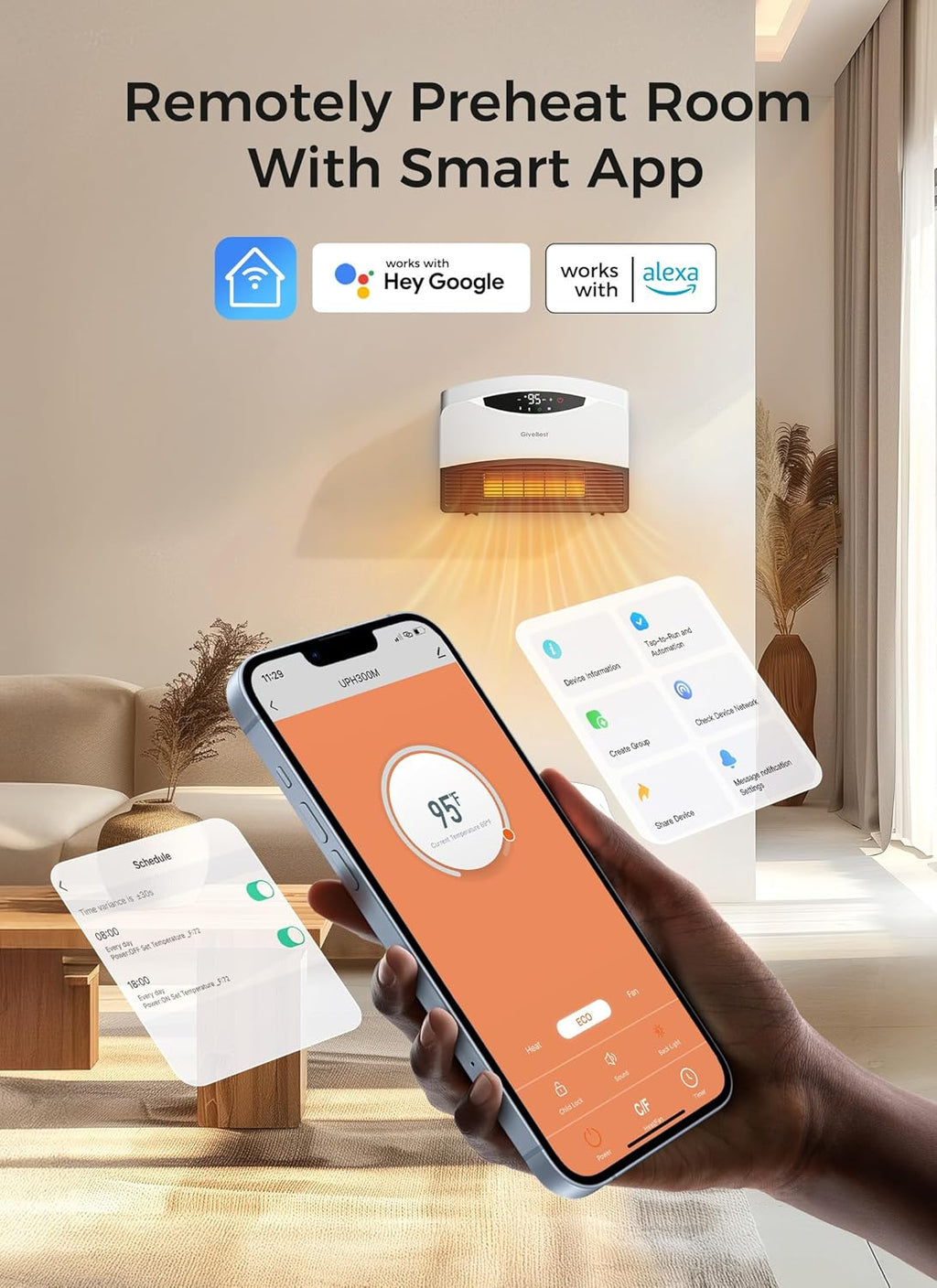 Wall mounted electric heater with WiFi and remote control, floor standing heater 1500W fast coverage for large rooms wourant