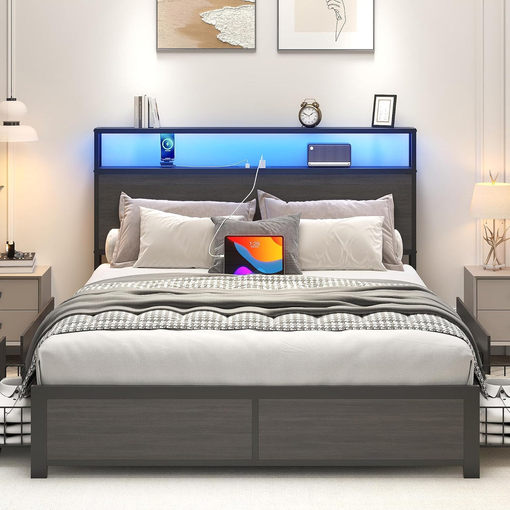 Lifezone Queen Bed Frame with 2-Tier Storage Headboard, Metal Platform Bed Frame with 4 Storage Drawers, Built in Charging Station & LED, Noise-Free/Metal Support/No Box Spring Needed wourant