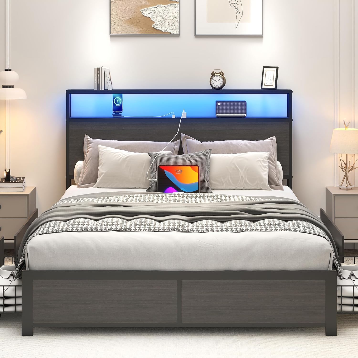 Lifezone Queen Bed Frame with 2-Tier Storage Headboard, Metal Platform Bed Frame with 4 Storage Drawers, Built in Charging Station & LED, Noise-Free/Metal Support/No Box Spring Needed wourant