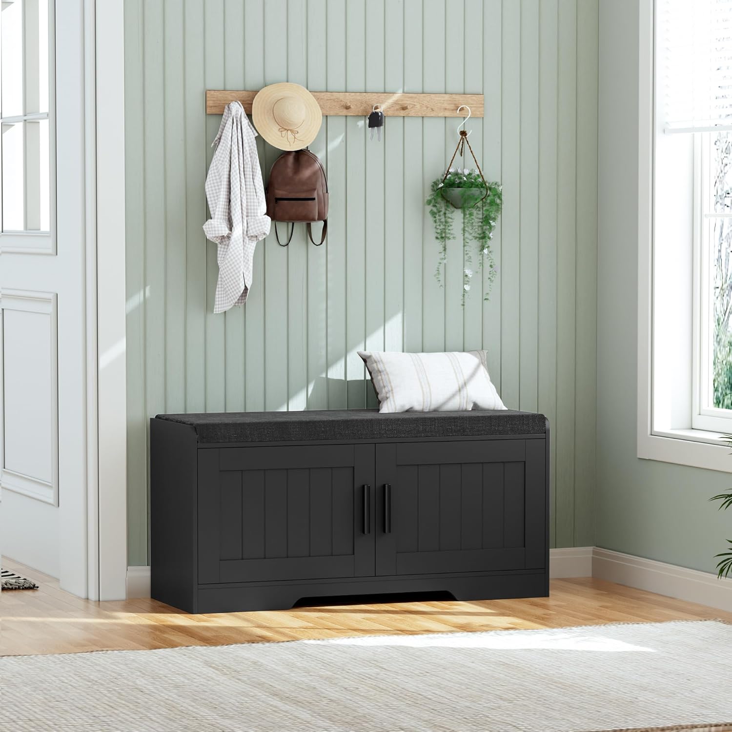 2-Tier Storage Bench, Shoe Bench with Thickened Padded Seat Cushion, Entryway Bench with 4 Doors, Adjustable Shelf, 13.8" D x 45.3" W x 18.5" H, for Entryway, Living Room, Bedroom, White wourant