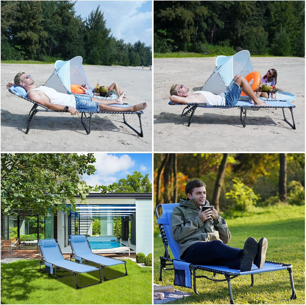 2 Pack Outdoor Chaise Lounge Chair - Portable Folding Patio Pool Lounge Chair, 5 Positions Adjustable Reclining Camping Chair with Side Table,Shoulder Strap, Pillow for Beach Sunbathing Lawn wourant
