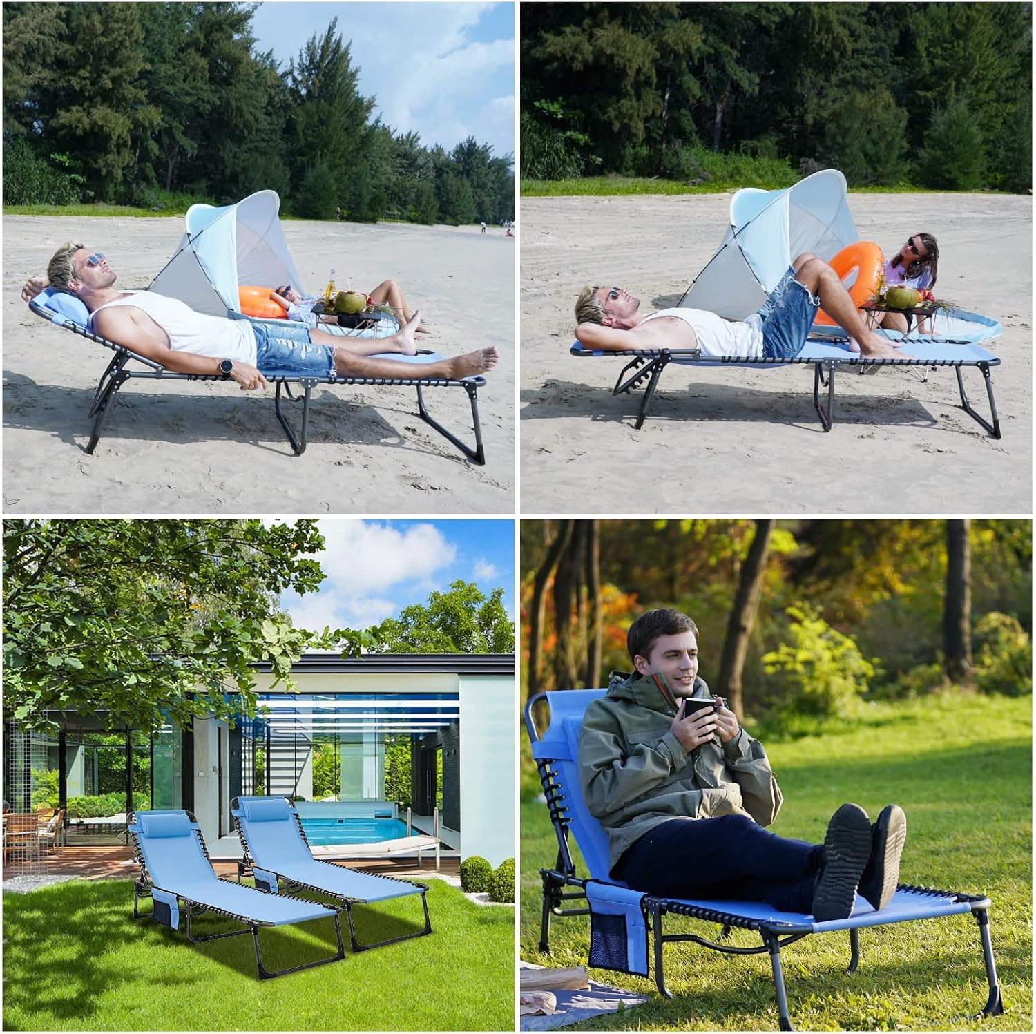 2 Pack Outdoor Chaise Lounge Chair - Portable Folding Patio Pool Lounge Chair, 5 Positions Adjustable Reclining Camping Chair with Side Table,Shoulder Strap, Pillow for Beach Sunbathing Lawn wourant