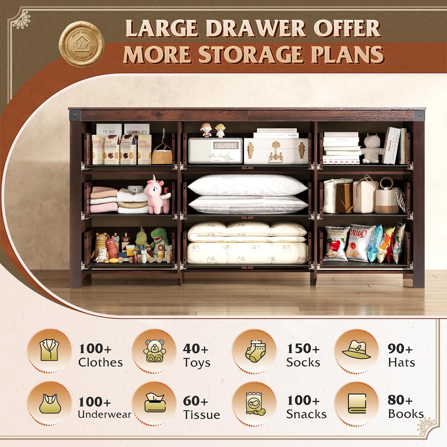 9 Drawer Led Dresser for Bedroom, 58.35'' Wide Wood Dresser Storage Organizer with Power Outlets for 65'' TV, Dressers with Open Shelves wourant