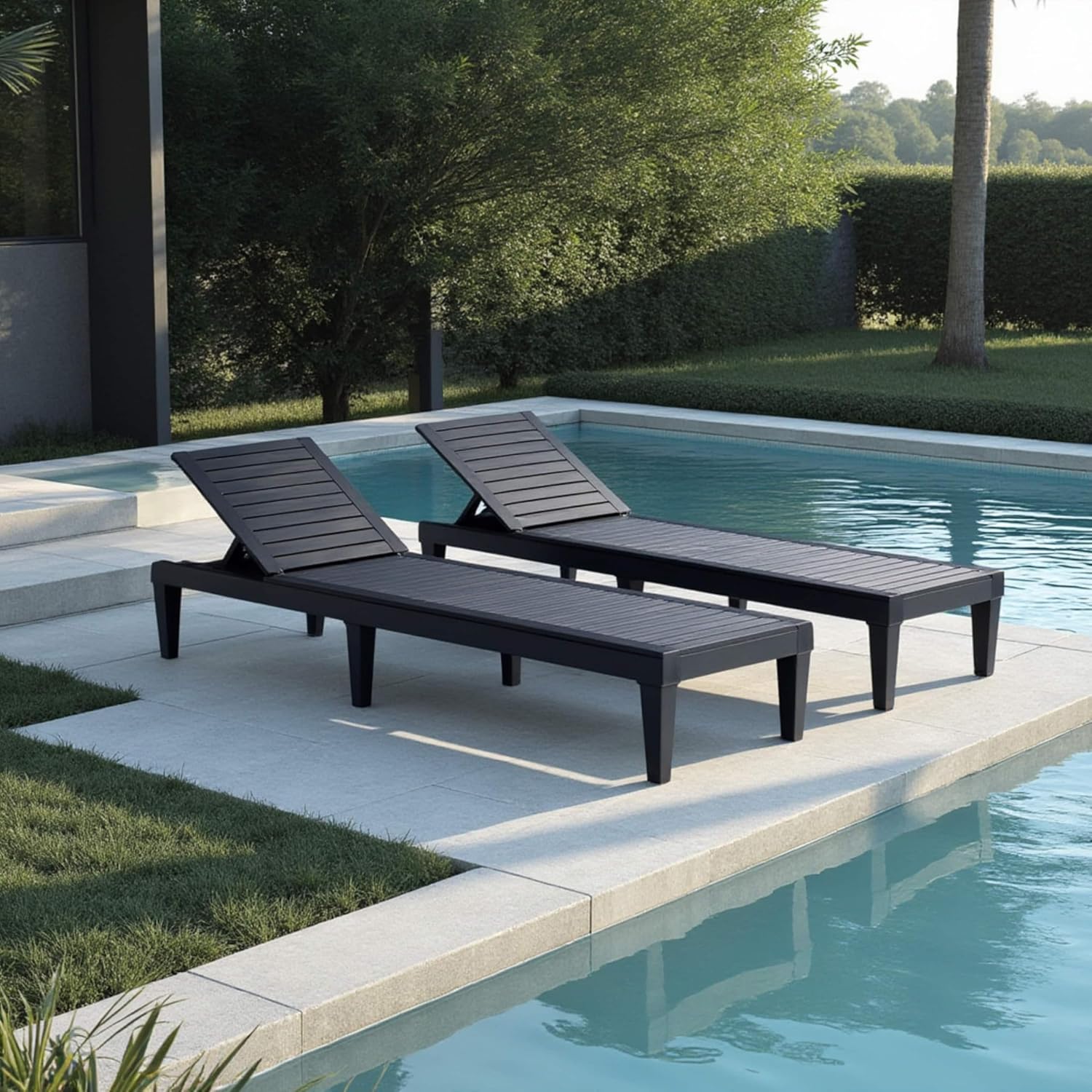 Patio Chairs - Black Chaise Lounge Chair Outdoor 5-Position Adjustable Sun Tanning Chair Waterproof Pool Lounge Chairs Set of 2 Reclining Lawn Chair, Lightweight Outdoor Lounge Chairs wourant