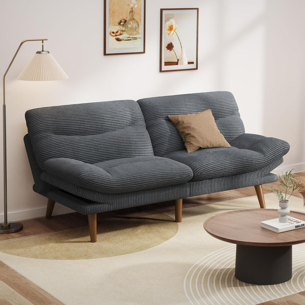 Pipishell Convertible Futon Sofa Bed,66" Corduroy Futon Couch with Adjustable Backrest and Armrests, Recliner Sleeper Sofa for Small Spaces, Play Room or Office, Grey wourant