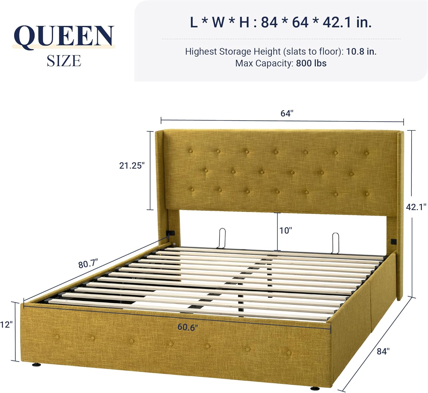 Allewie Queen Size Lift Up Storage Bed Modern Wingback Headboard Hydraulic Support wourant