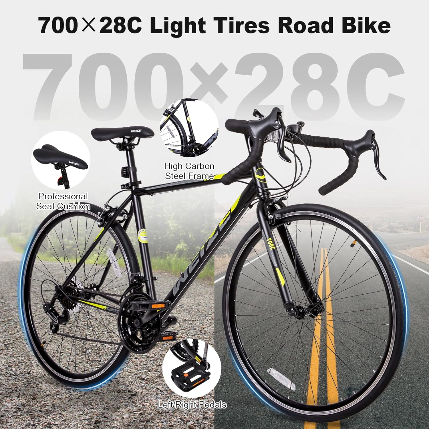 WEIZE Road Bike, 700C Wheel City Commuter Bicycle, Shimano 14 Speed Drop Bar, Racing Adult Bike with Caliper Brakes, High-Carbon Steel Hybrid Bikes wourant