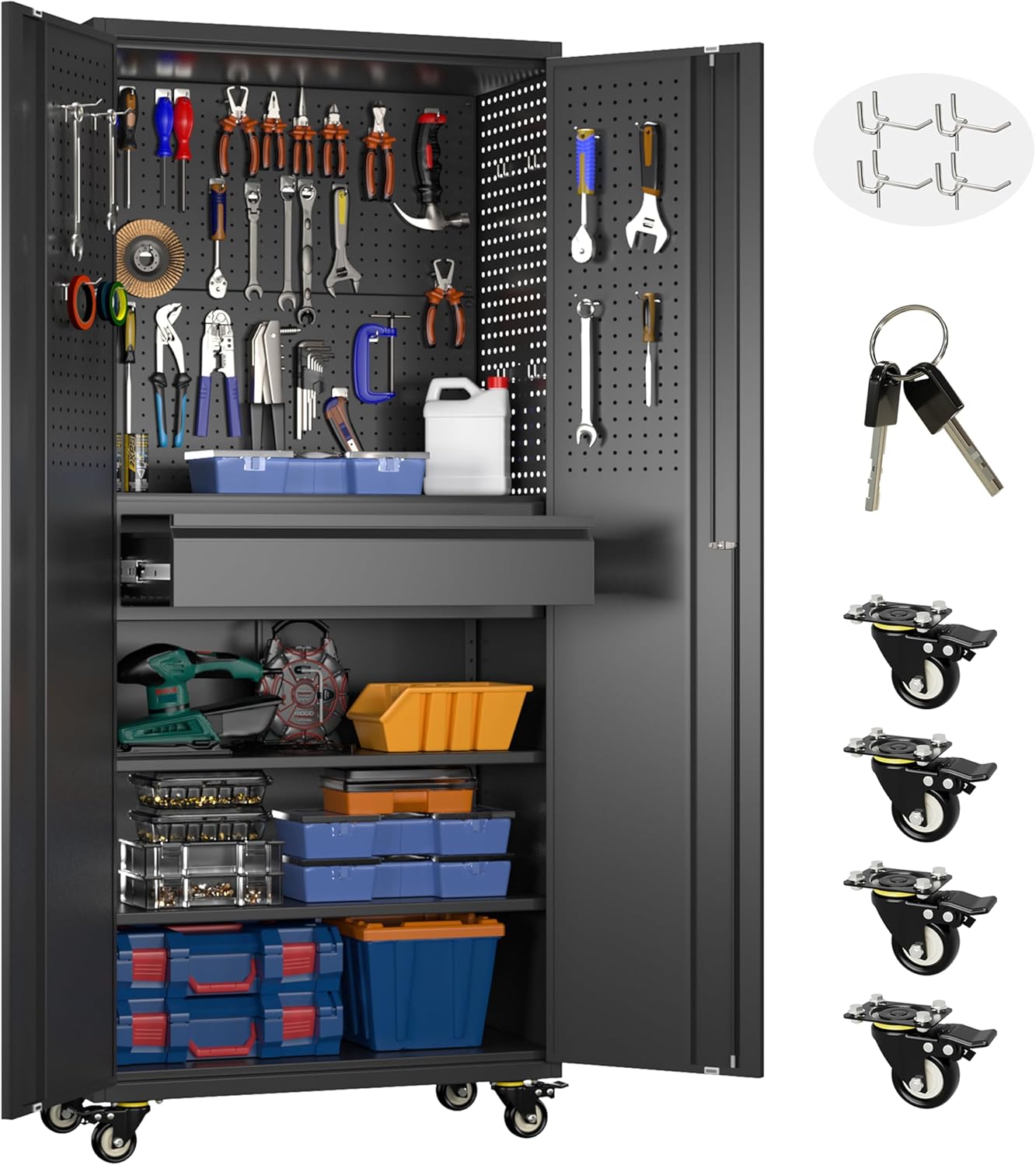 Aobabo 73''H Metal Garage Storage Cabinet with Wheels,Steel Cabinets with 2 Doors and 4 Adjustable Shelves for Home Office,Required Assembly,Black wourant