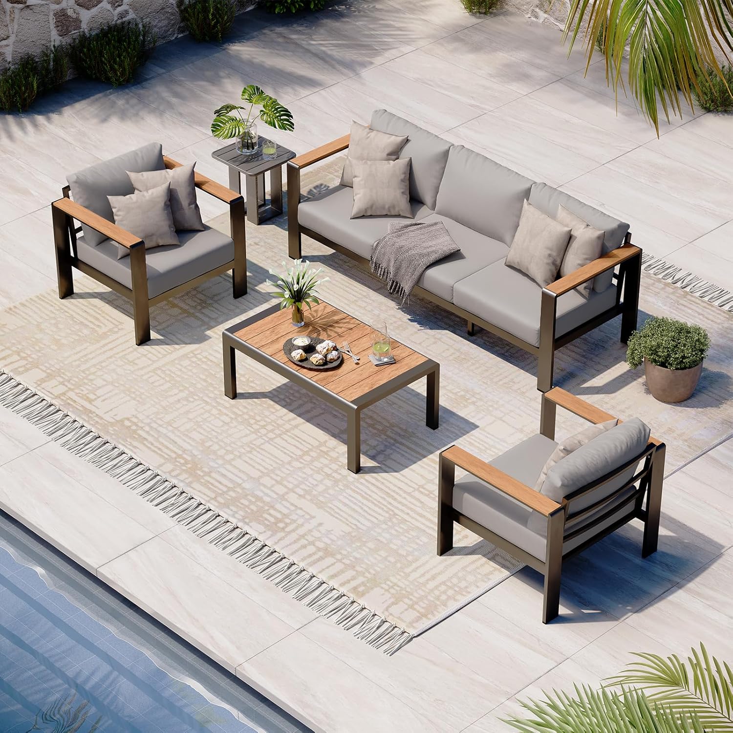 Aluminum Outdoor Patio Furniture Set with Coffee Table, 5 Piece Patio Conversation Sets, Outdoor Sectional Furniture for Porch, Balcony, Yard, Gray woonhhop