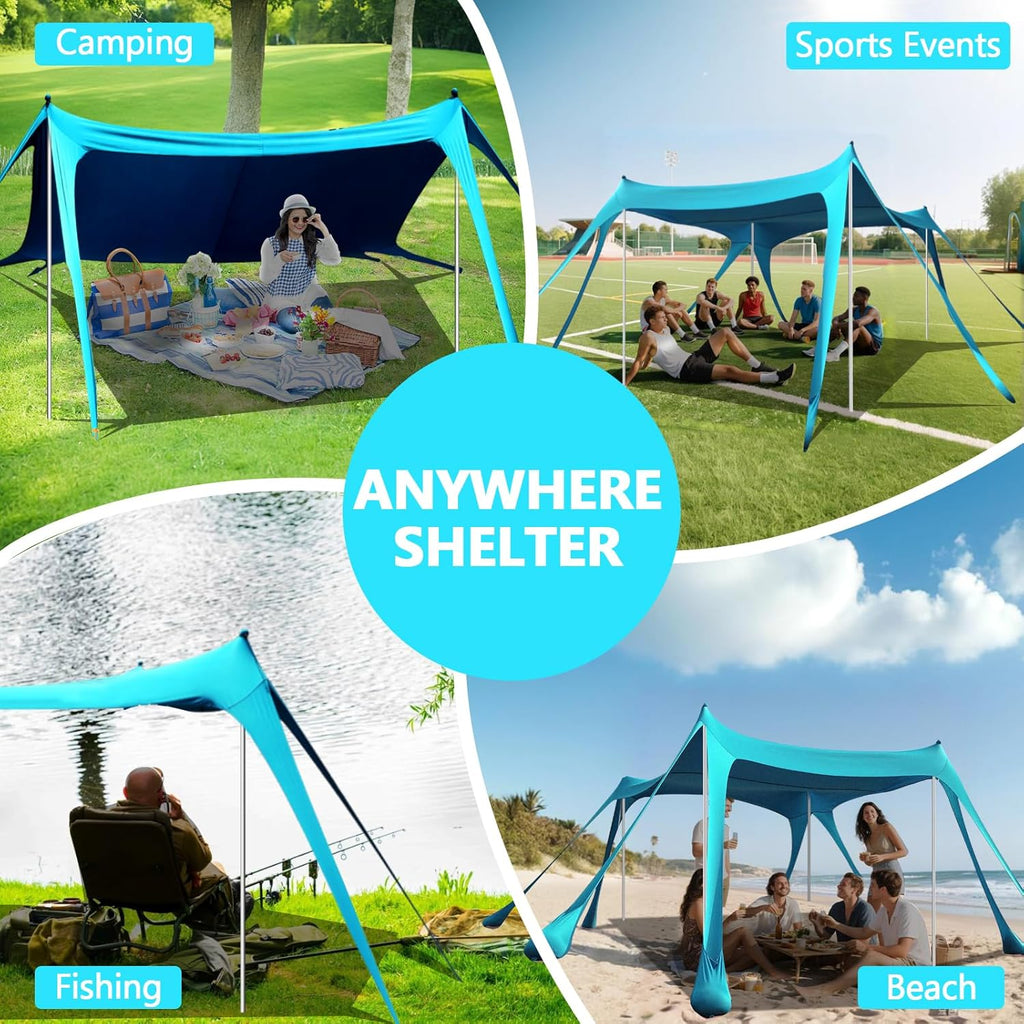 Beach Tent Sun Shelter, 10 x 10 FT Beach Canopy Tent Sun Shade Heavy Duty, UPF50+ Beach Tent Canopy with 8 Sandbags & 4 Stability Poles, Outdoor Beach Shade Canopy for Camping and Fishing, Blue wourant