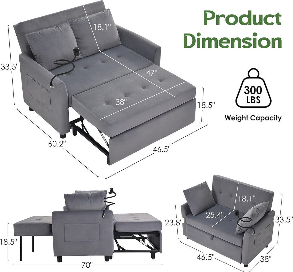 Sleeper Sofa Bed, 3 in 1 Convertible Sleeper Couch Bed Pull Out, Small Loveseat Sofa, Futon Sofa Bed Full Size, 46" Velvet Love Seat wourant