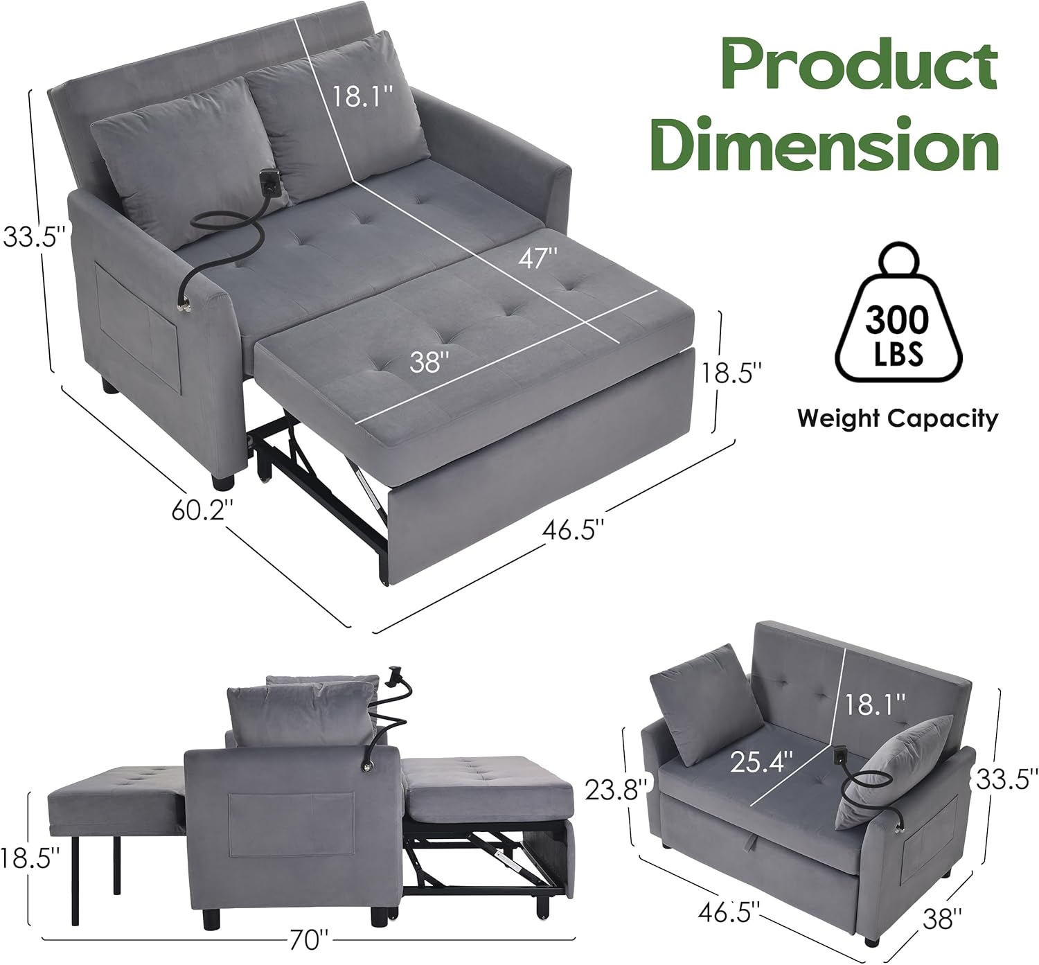 Sleeper Sofa Bed, 3 in 1 Convertible Sleeper Couch Bed Pull Out, Small Loveseat Sofa, Futon Sofa Bed Full Size, 46" Velvet Love Seat wourant