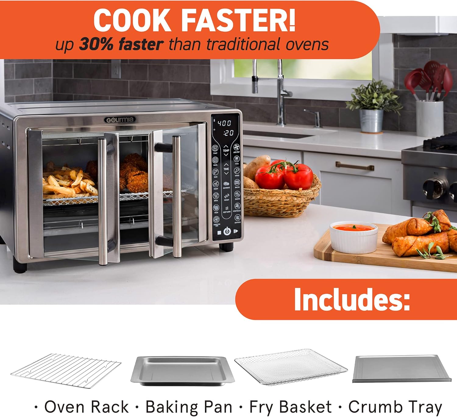 Gourmia Oven Air Fryer Combo with 17 Cooking Presets, 24L Capacity, Convection Rack, Baking Tray, Recipe Book GTF7460 wourant