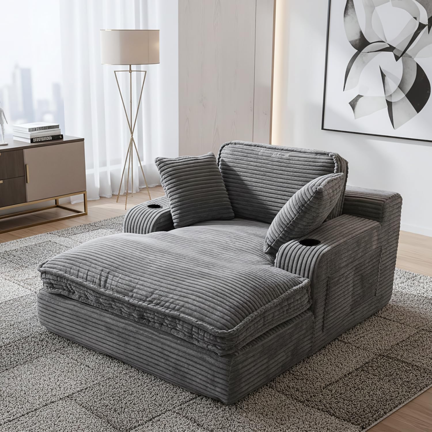 67" Oversized Chaise Lounge Chair Indoor Soft Boneless Cloud Couch with 3 Pillows 4 Side Pockets wourant