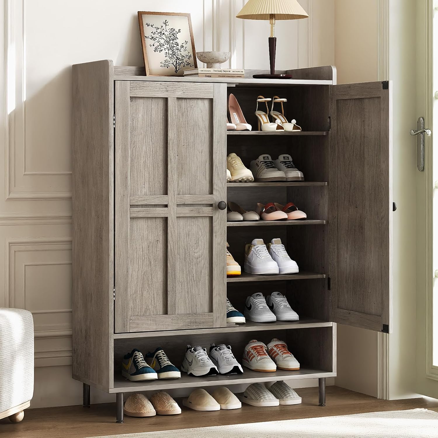 Black 7+1 Tier Farmhouse Shoe Storage Cabinet - 45" Tall Entryway Organizer wourant