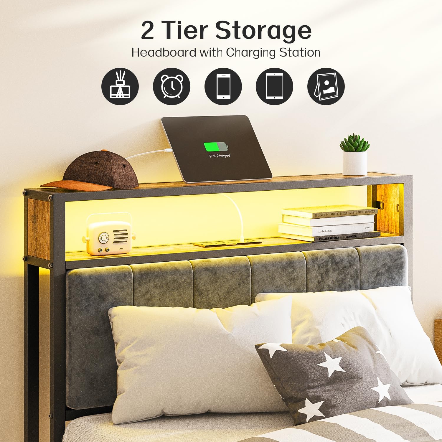 OLEVS Single Bed Frame LED Light Storage Headboard Charging Station Metal Platform Bed wourant