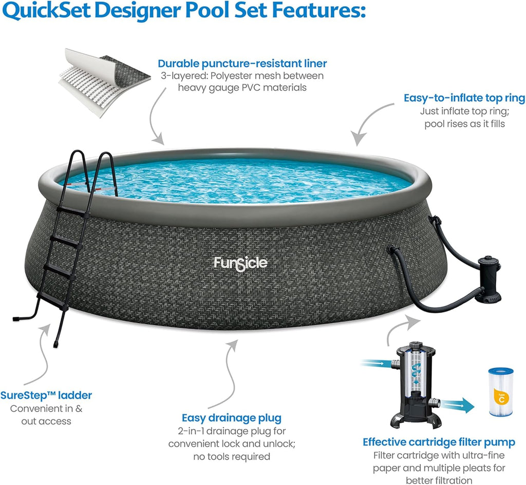 Funsicle 12 Foot by 36 Inch Quickset Round Inflatable Ring Top Outdoor Above Ground Swimming Pool Set with Pump and Cartridge Filter, Dark Herringbone wourant