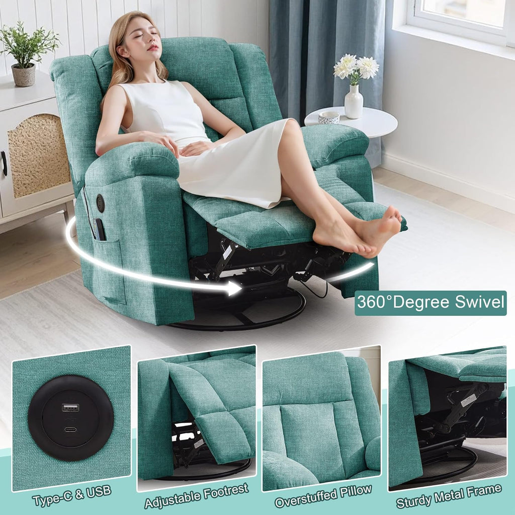 Adult rocking chair, gliding recliner, 360° rotating rocking chair with massage and heating function wourant