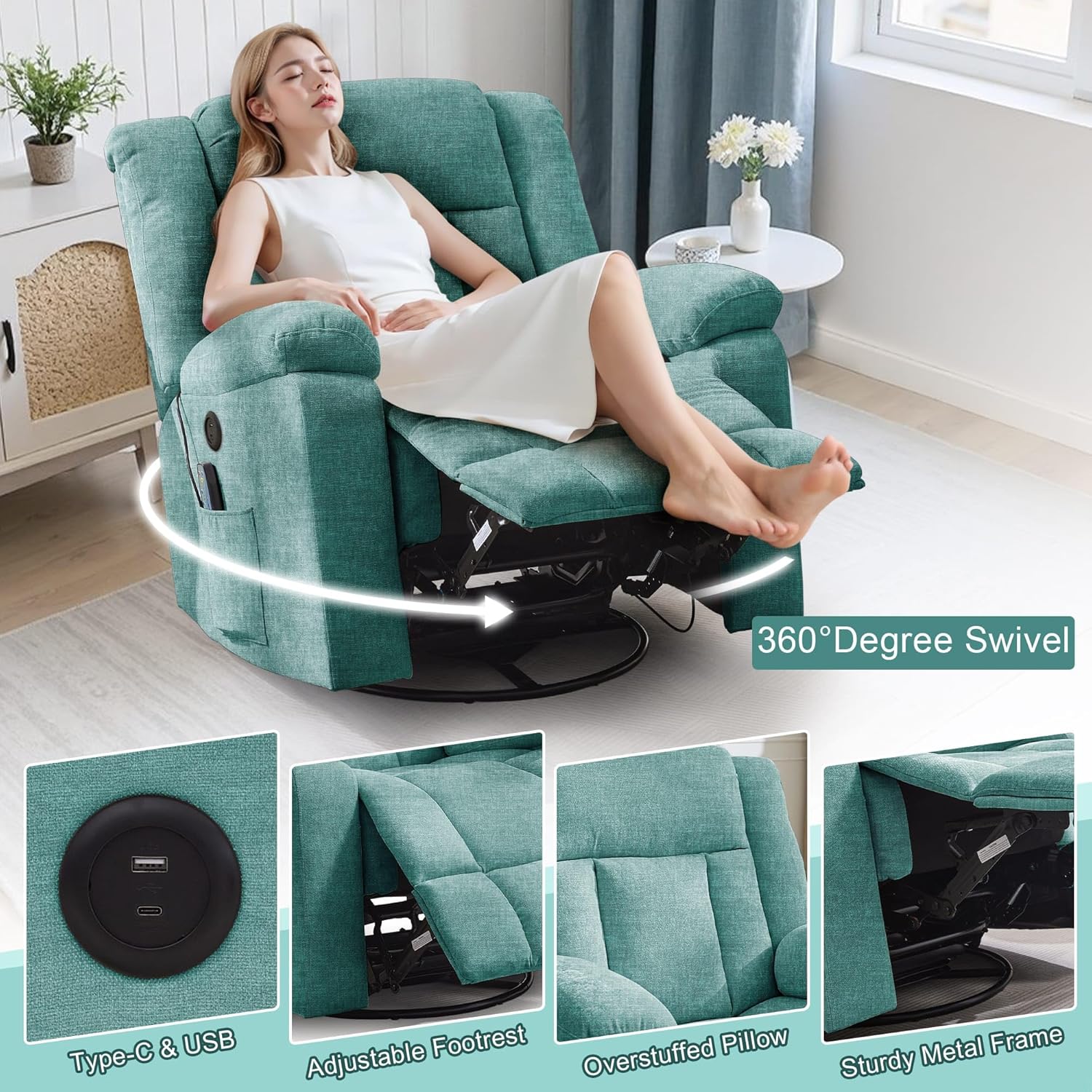 Adult rocking chair, gliding recliner, 360° rotating rocking chair with massage and heating function wourant