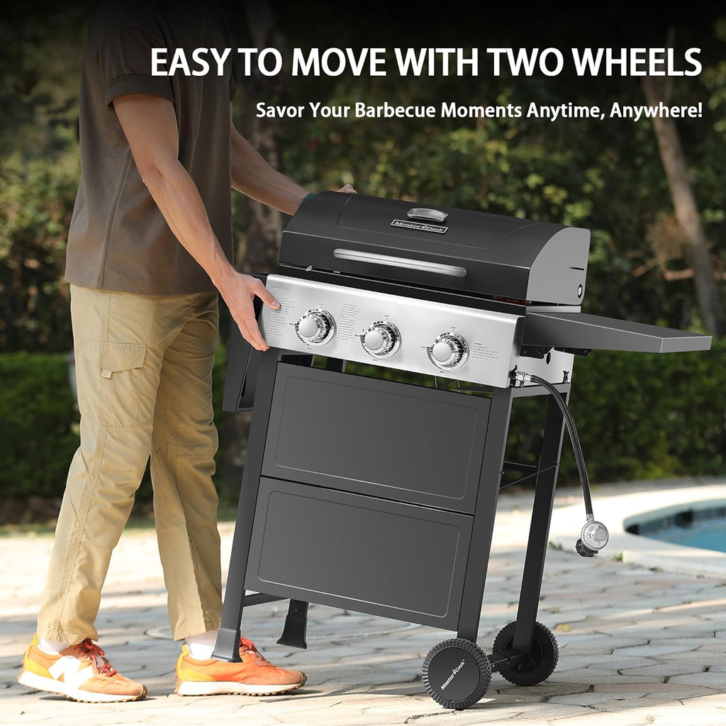 3 Burner BBQ Propane Gas Grill, Stainless Steel 30,000 BTU Patio Garden Barbecue Grill with Two Foldable Shelves wourant