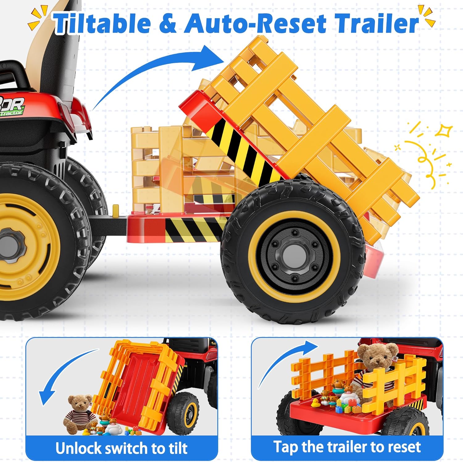 24V Ride On Tractor w/Tiltable & Detachable Trailer, 2x65W Motors, EVA Tires, Remote Control, Bluetooth, Shifter, Music, Electric Car for Kids, Green wourant
