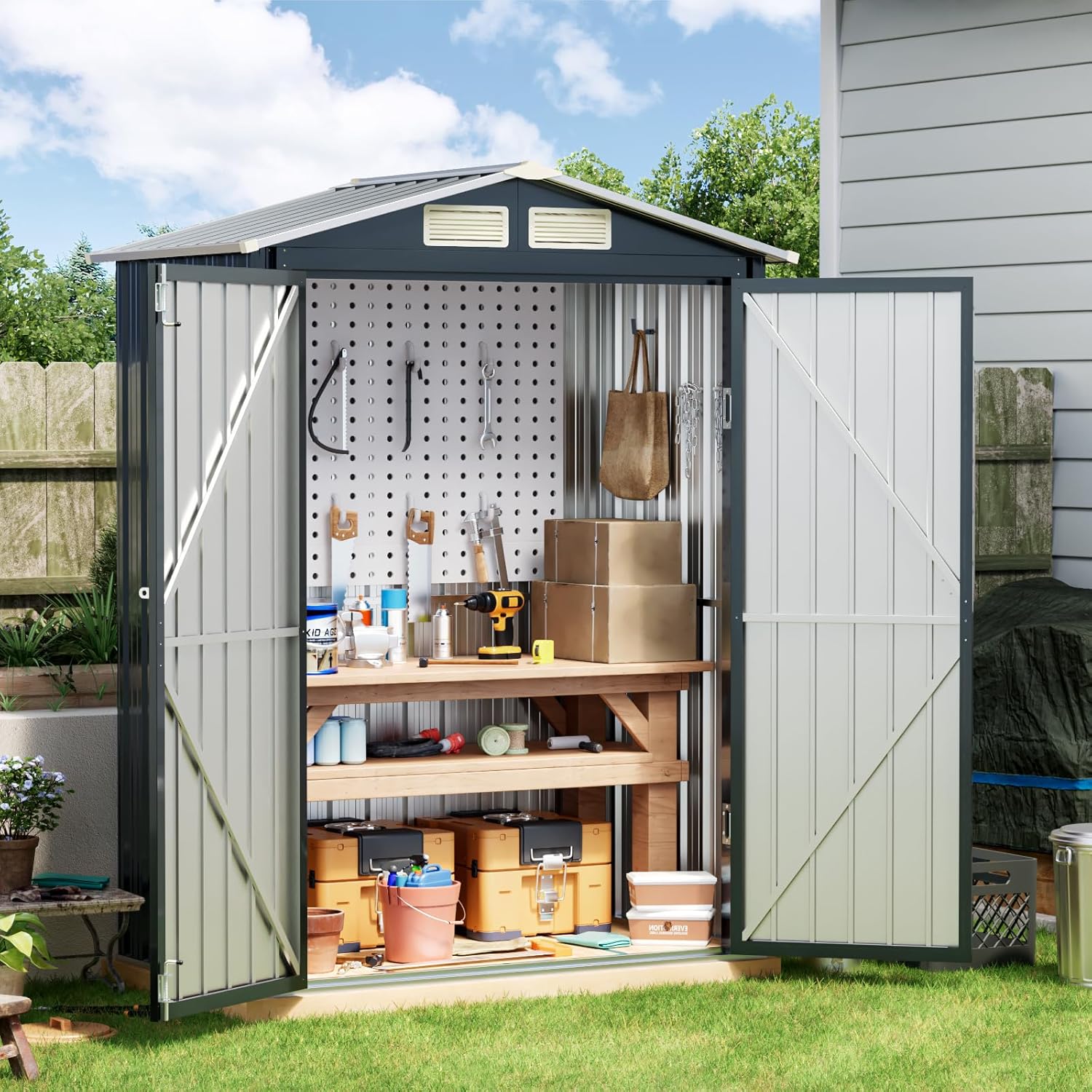 Breezz 8X10FT Outdoor Steel Storage Shed Lockable Doors Weather-Resistant Metal Tool Shed wourant
