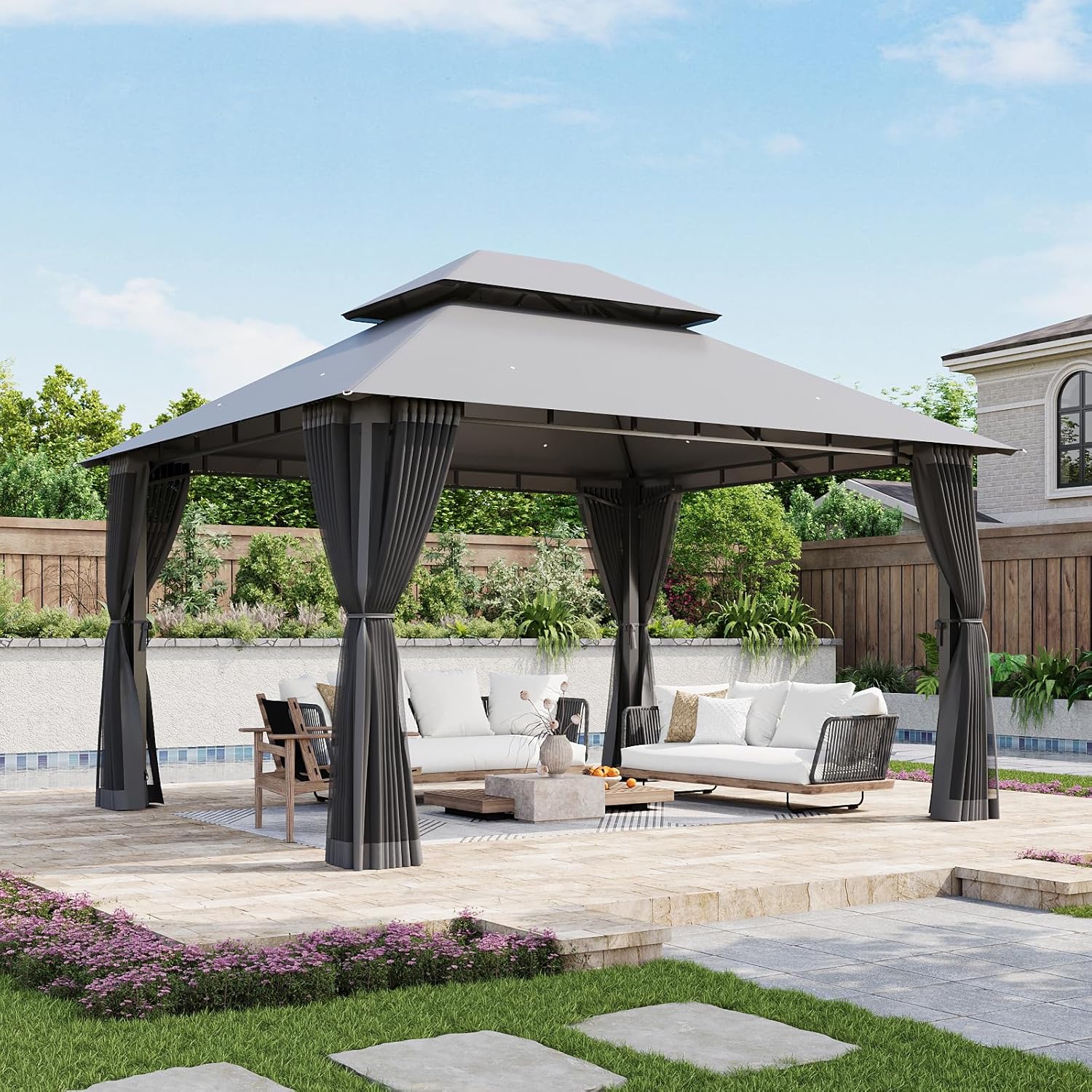 Aoxun Outdoor Gazebo for Patio 10x12, Metal Frame Canopy with Double Roofs wourant