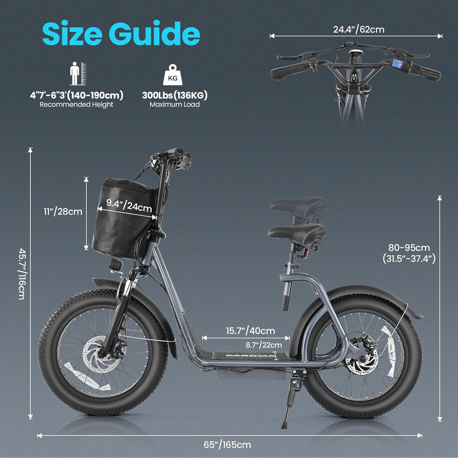 Caroma Peak 800W Foldable Adult Electric Scooter with 20-inch Wide Tires, 48V Battery, Basket, and Adjustable Seat wourant