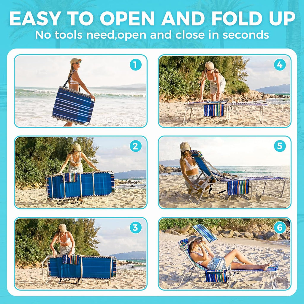2 Pack Outdoor Chaise Lounge Chair - Portable Folding Patio Pool Lounge Chair, 5 Positions Adjustable Reclining Camping Chair with Side Table,Shoulder Strap, Pillow for Beach Sunbathing Lawn wourant