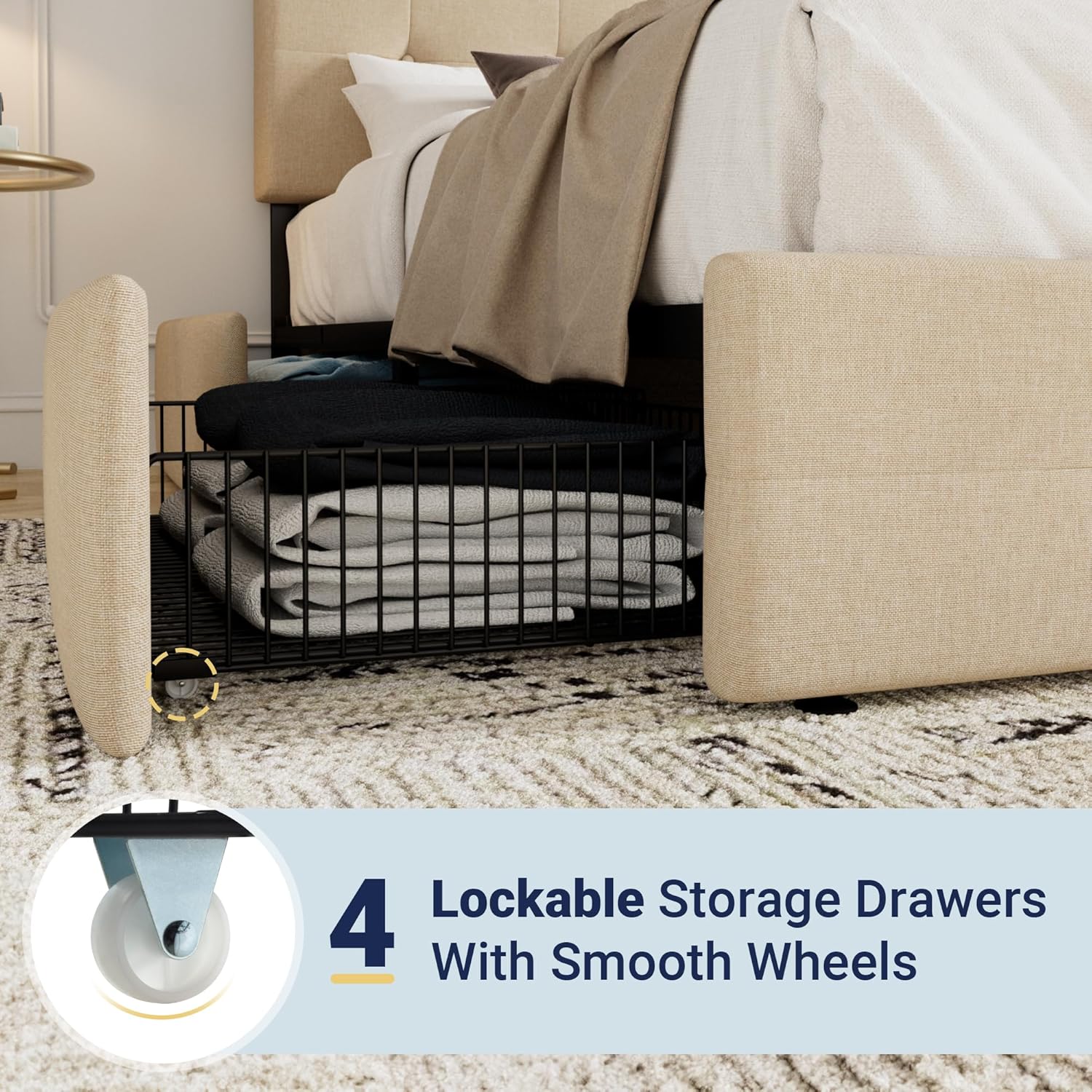 Allewie Upholstered Queen Size Platform Bed Frame with 4 Storage Drawers and Headboard wourant