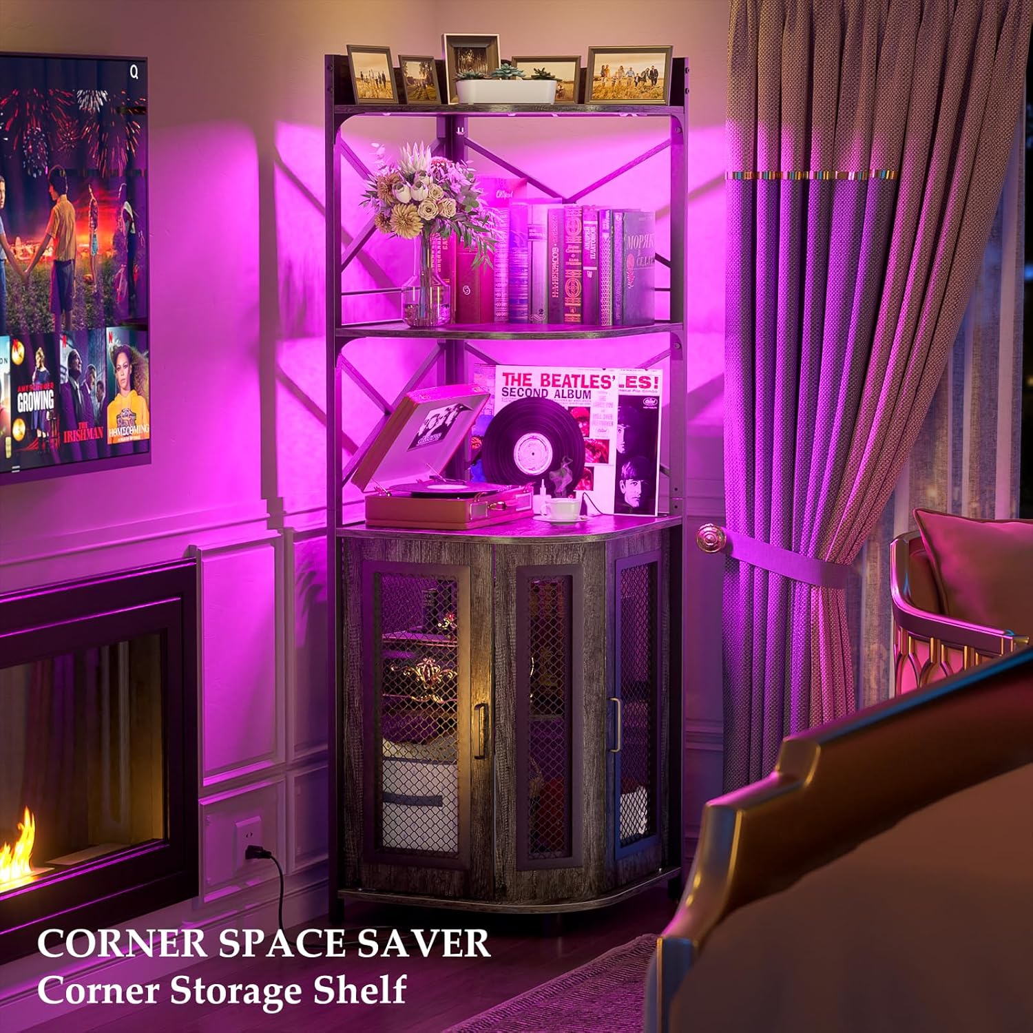 Corner bar cabinet with power socket, industrial style wine cabinet with LED light strip and glass rack, home five-layer wine cabinet bar unit, small space corner display cabinet wourant
