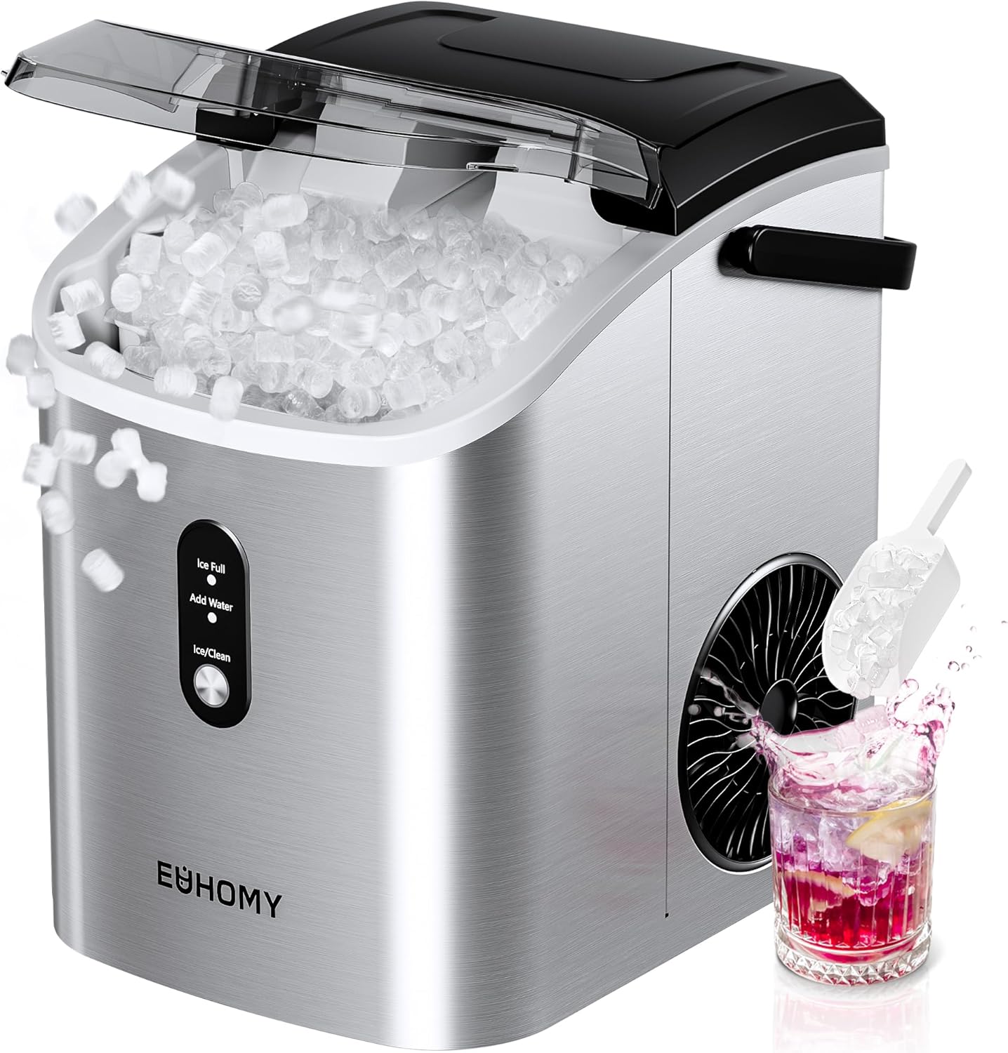 EUHOMY Nugget Ice Maker Countertop with Handle, Ready in 6 Mins, 34lbs Per Day, Removable Top Cover, Auto-Cleaning, Portable Sonic Ice Maker with Basket and Scoop, for Home/Party/RV/Camping (Black) wourant