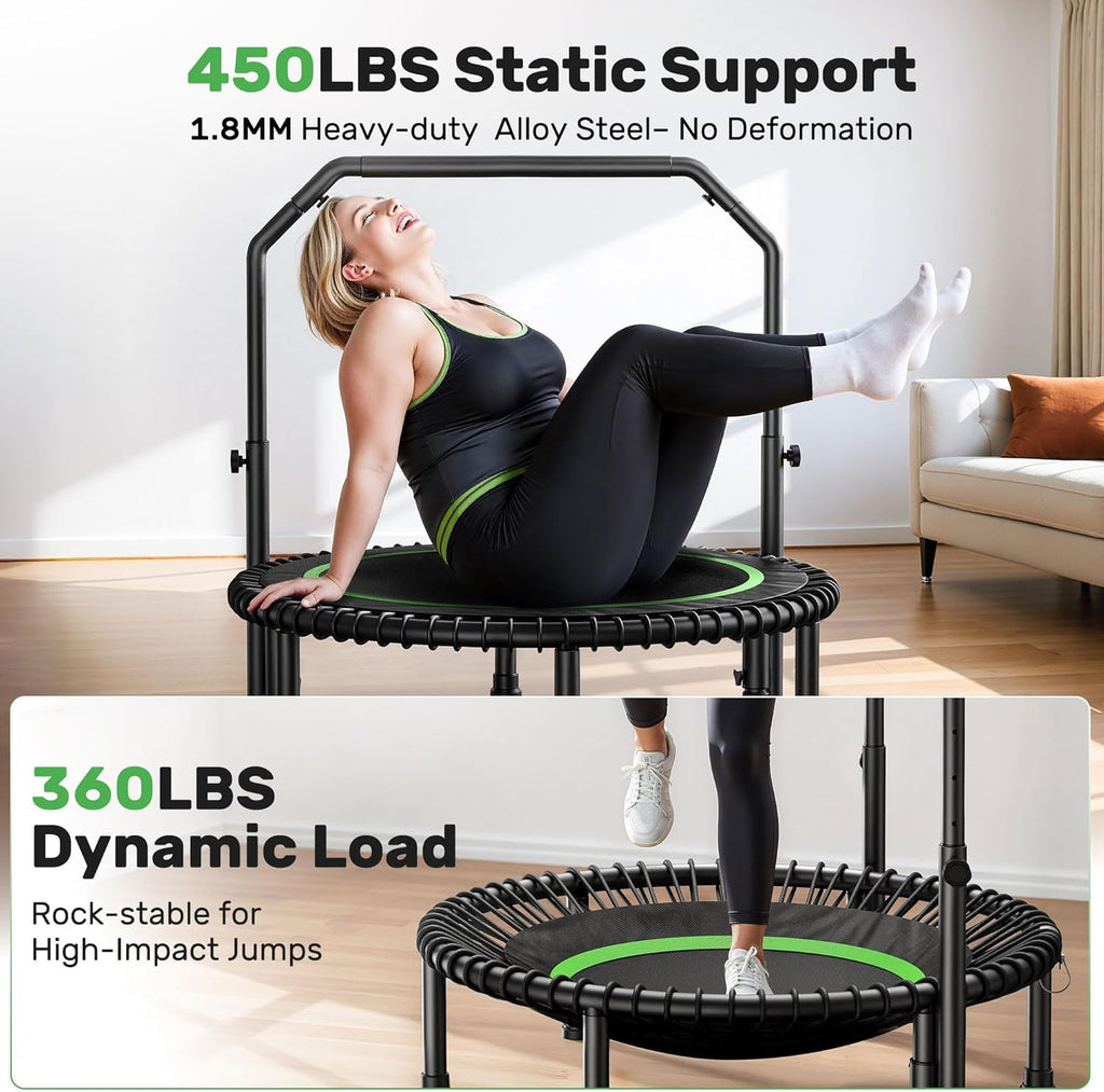 BCAN 450/550 LBS Foldable Mini Trampoline, 40"/48" Fitness Trampoline with Bungees, U Shape Adjustable Foam Handle, Stable & Quiet Exercise Rebounder for Adults Indoor/Outdoor Workout wourant