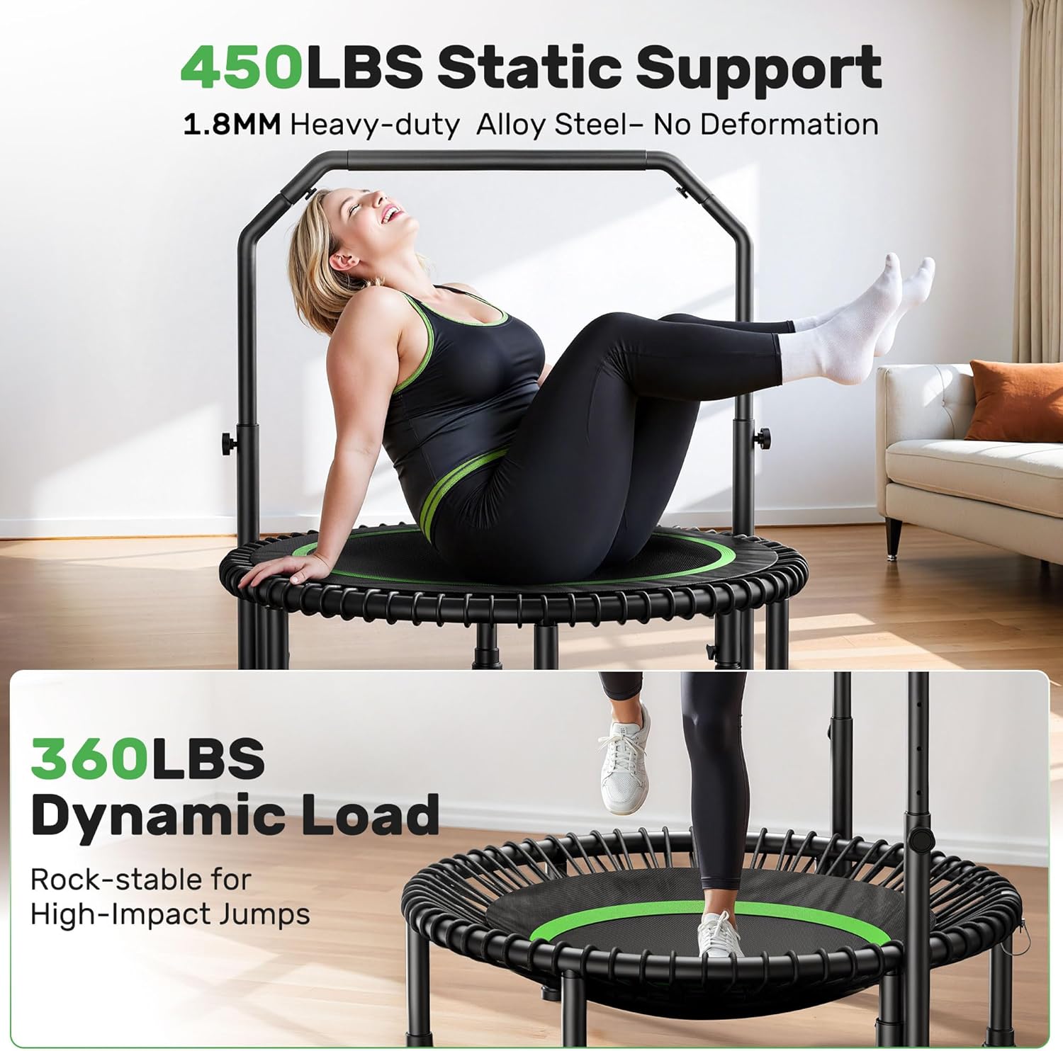 BCAN 450/550 LBS Foldable Mini Trampoline, 40"/48" Fitness Trampoline with Bungees, U Shape Adjustable Foam Handle, Stable & Quiet Exercise Rebounder for Adults Indoor/Outdoor Workout wourant
