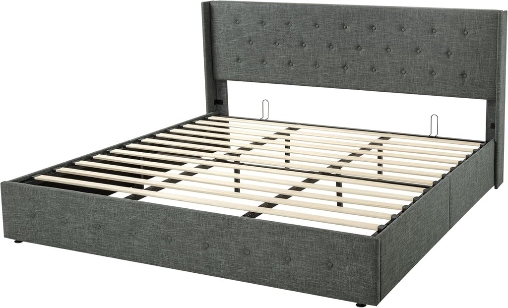 Allewie Queen Size Lift Up Storage Bed Modern Wingback Headboard Hydraulic Support wourant