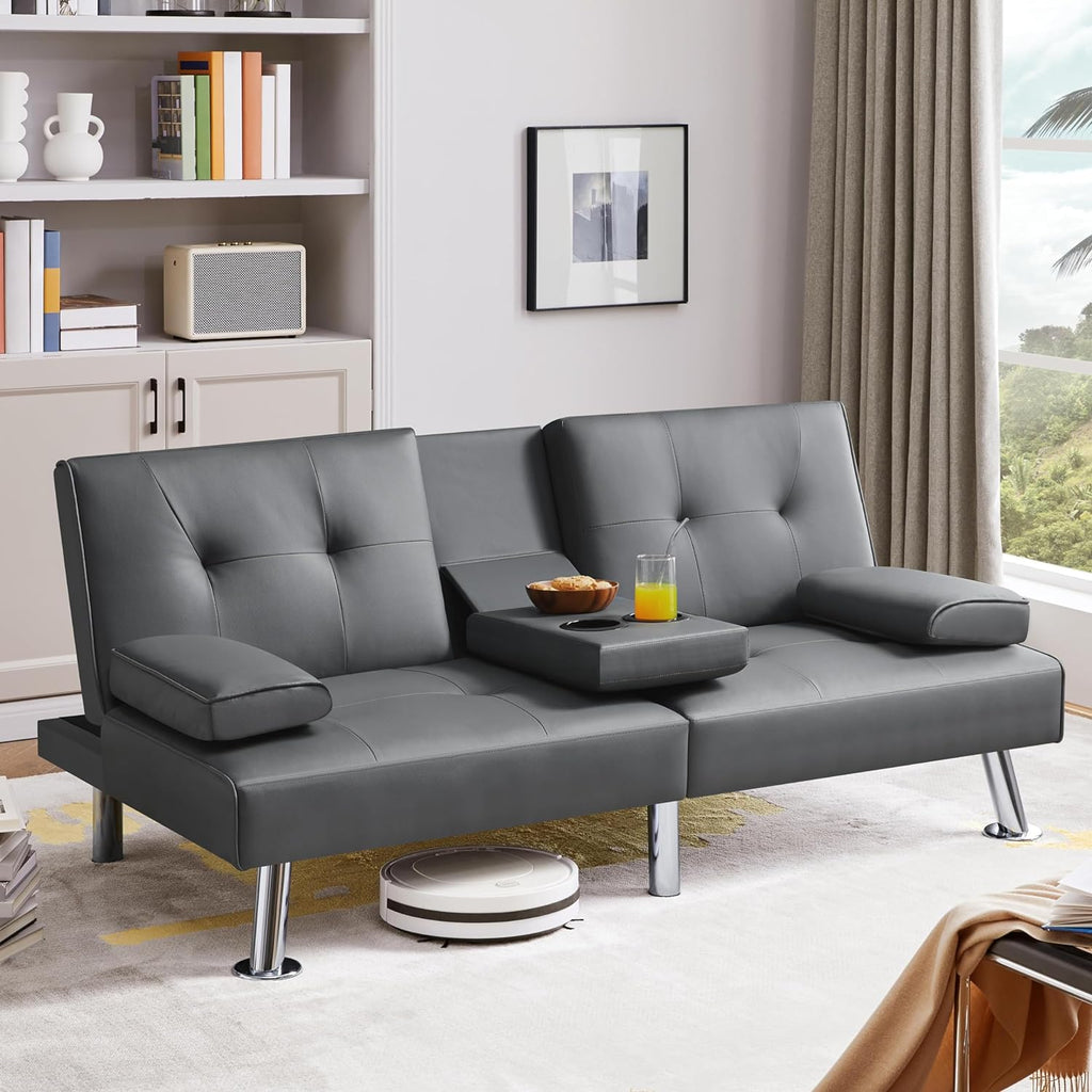 Yaheetech Convertible Sofa Bed Adjustable Couch Sleeper Modern Faux Leather Home Recliner Reversible Loveseat Folding Daybed Guest Bed, Removable Armrests, Cup Holders, 3 Angles, 772lb Capacity, Brown wourant