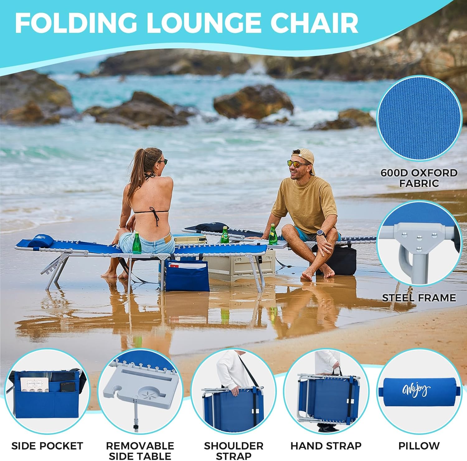 2 Pack Outdoor Chaise Lounge Chair - Portable Folding Patio Pool Lounge Chair, 5 Positions Adjustable Reclining Camping Chair with Side Table,Shoulder Strap, Pillow for Beach Sunbathing Lawn wourant